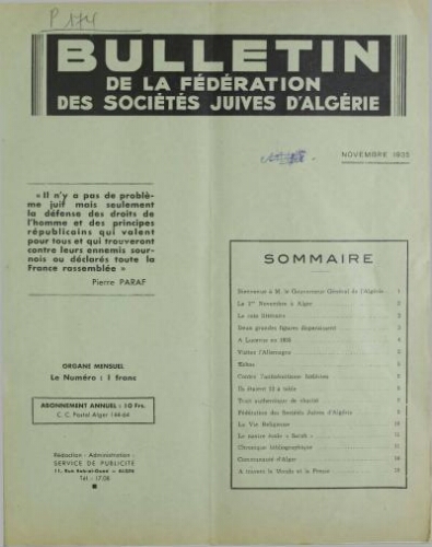 Bulletin de la Fédération des sociétés juives d’Algérie  V°02 N°17 (01/11/1935)